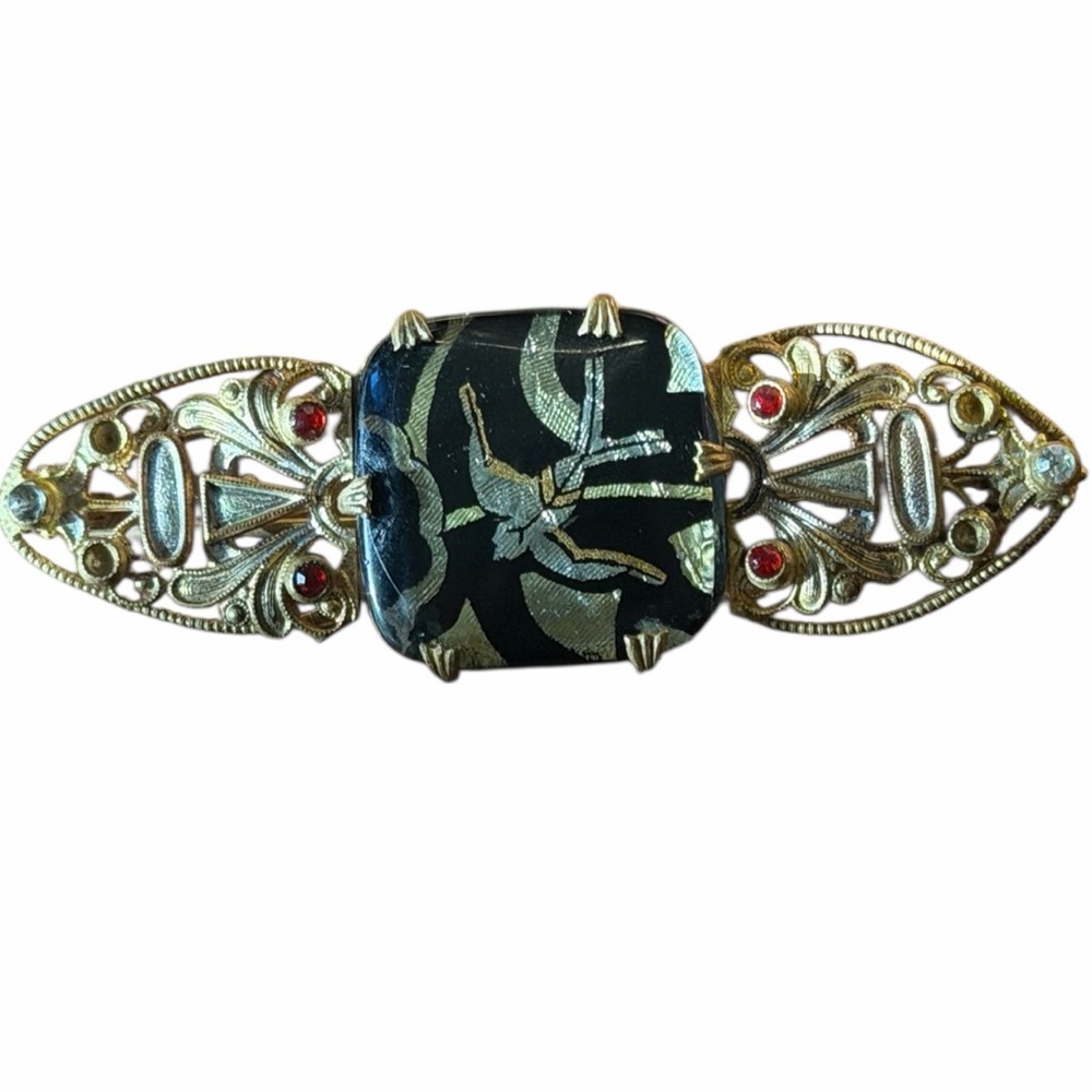 Vintage Toledo Damascene bar brooch of gold silver inlay, gemstones Spain c1950